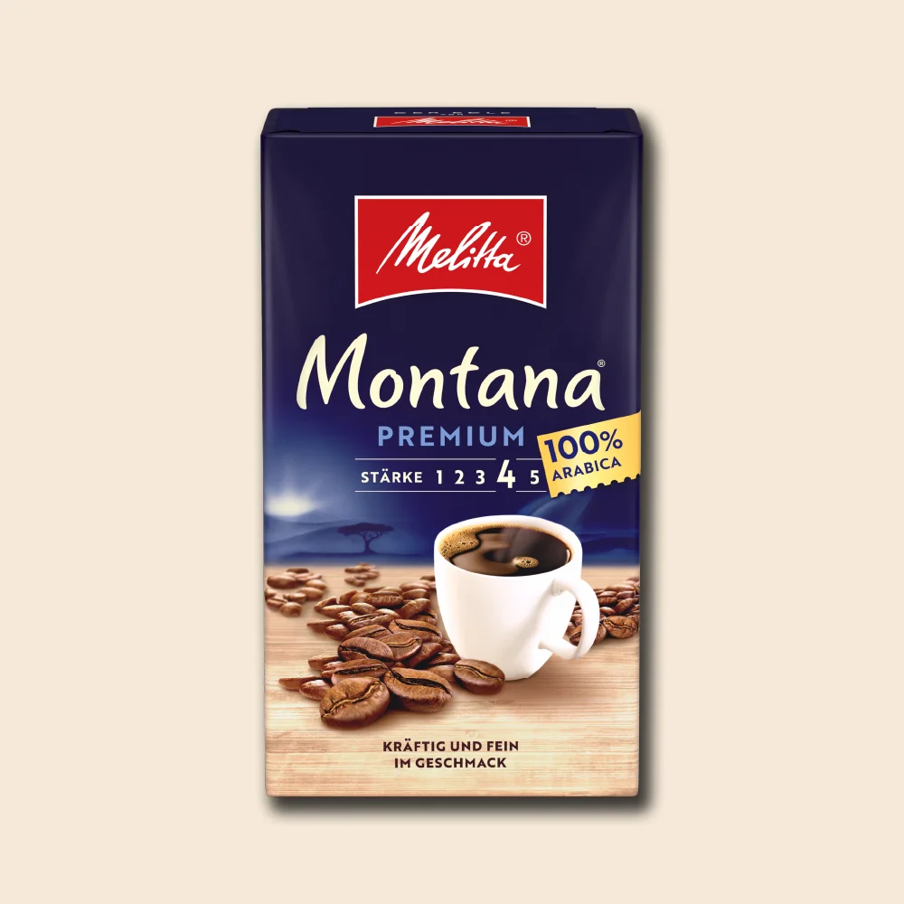 Image of a pack of Melitta Montana filter coffee on a beige background