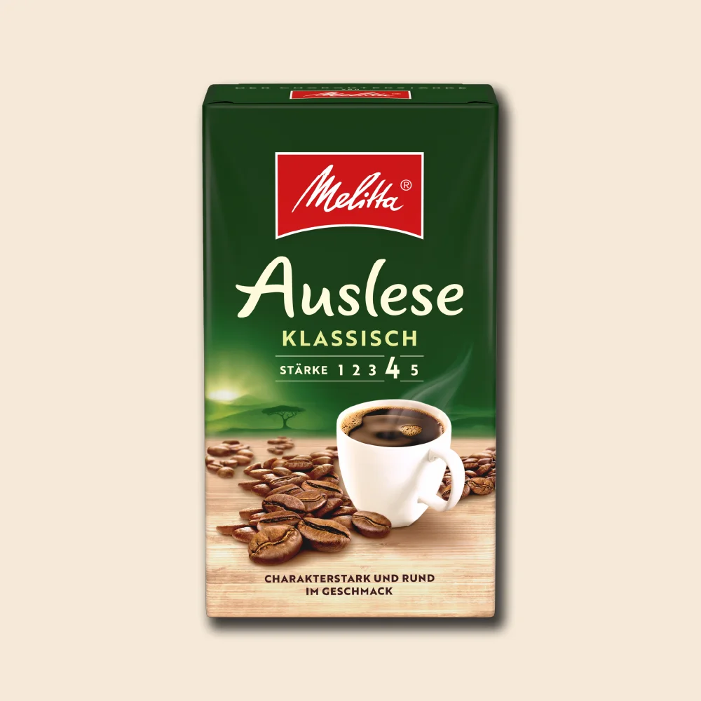 Image of a pack of Melitta Auslese filter coffee on a beige background