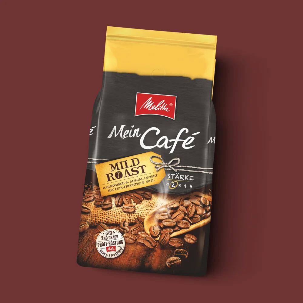 Bild einer Packung Melitta Mein Café milde Röstung auf braunem Hintergrund