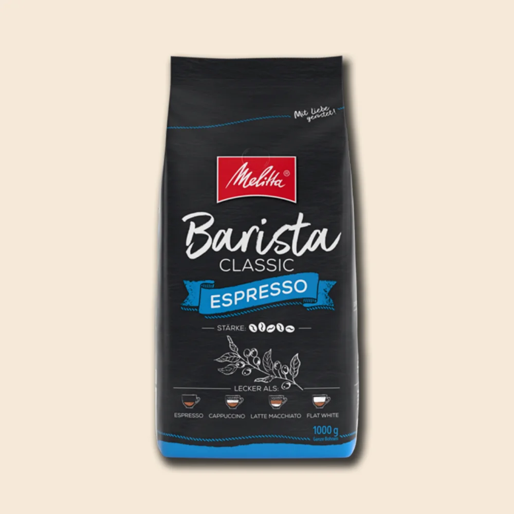 Produktbild Melitta Barista Classic Espresso auf beigem Hintergrund