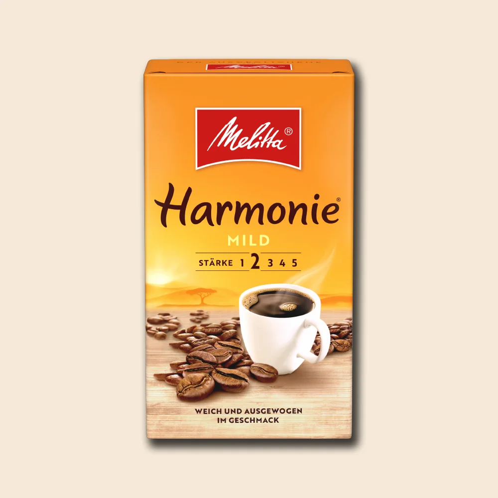 Image of a pack of Melitta Harmonie mild filter coffee on a beige background