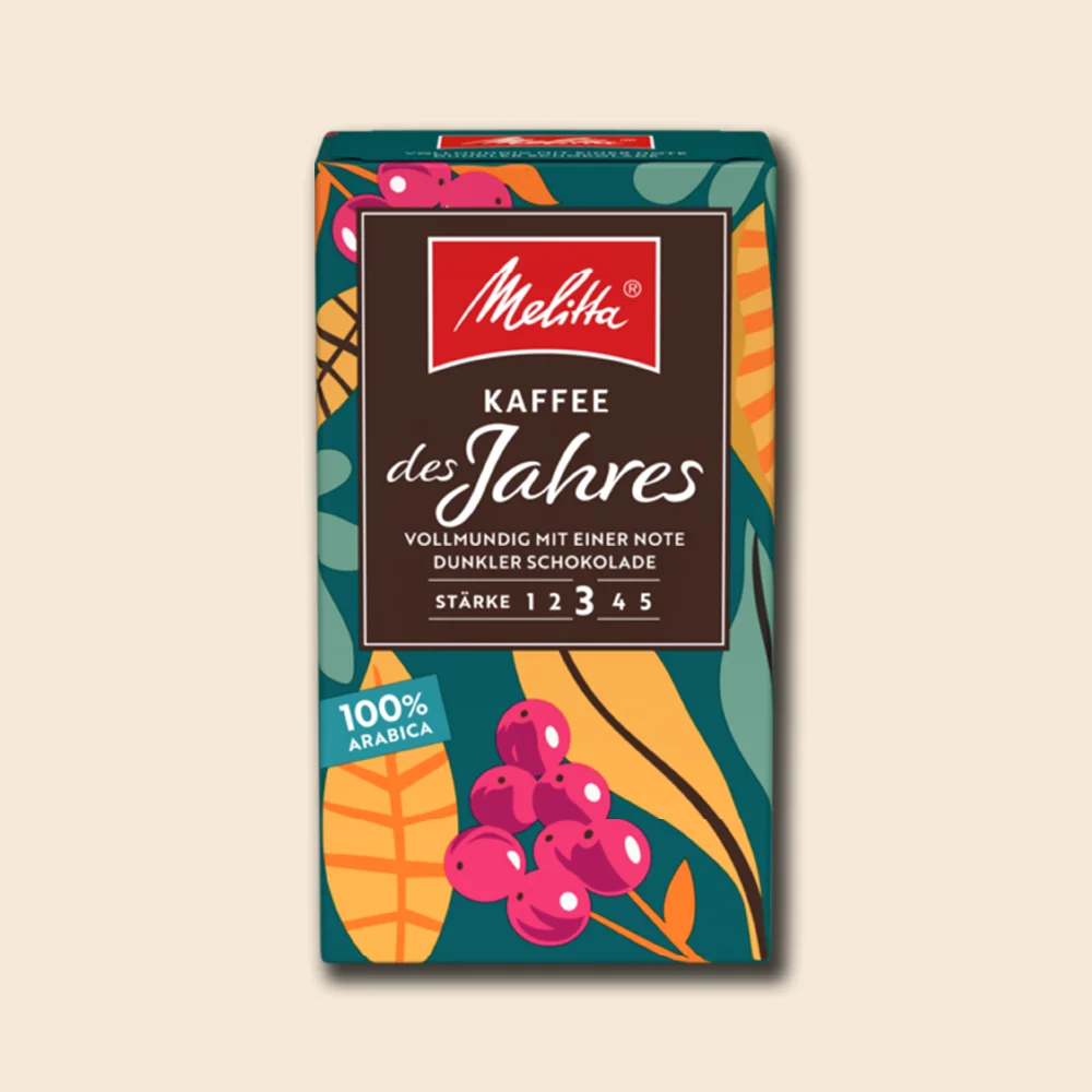 Image of a pack of Melitta Coffee of the year filter coffee on a beige background
