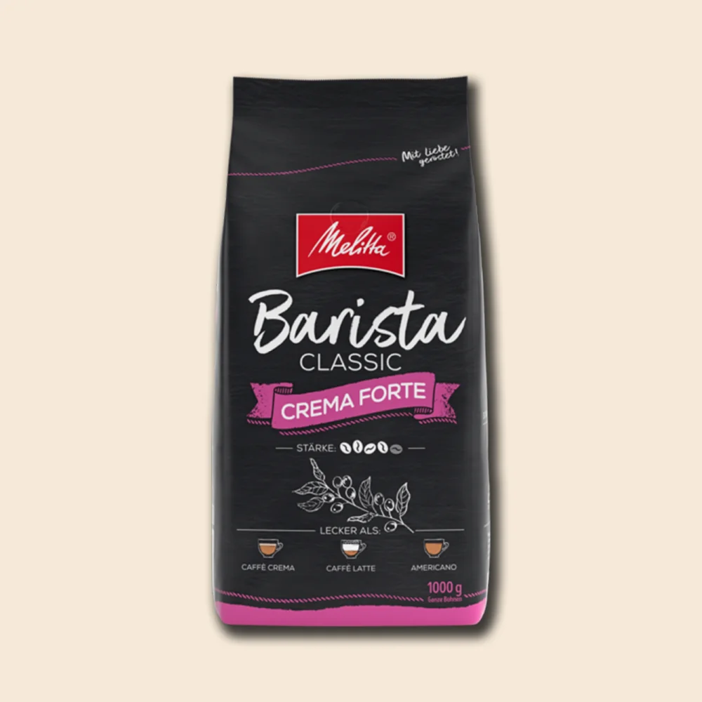 Produktbild Melitta Barista Classic Crema Forte auf beigem Hintergrund