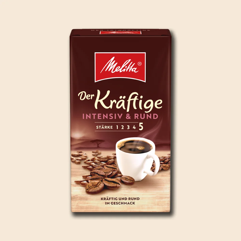 Image of a pack of Melitta Der Kräftige filter coffee on a beige background