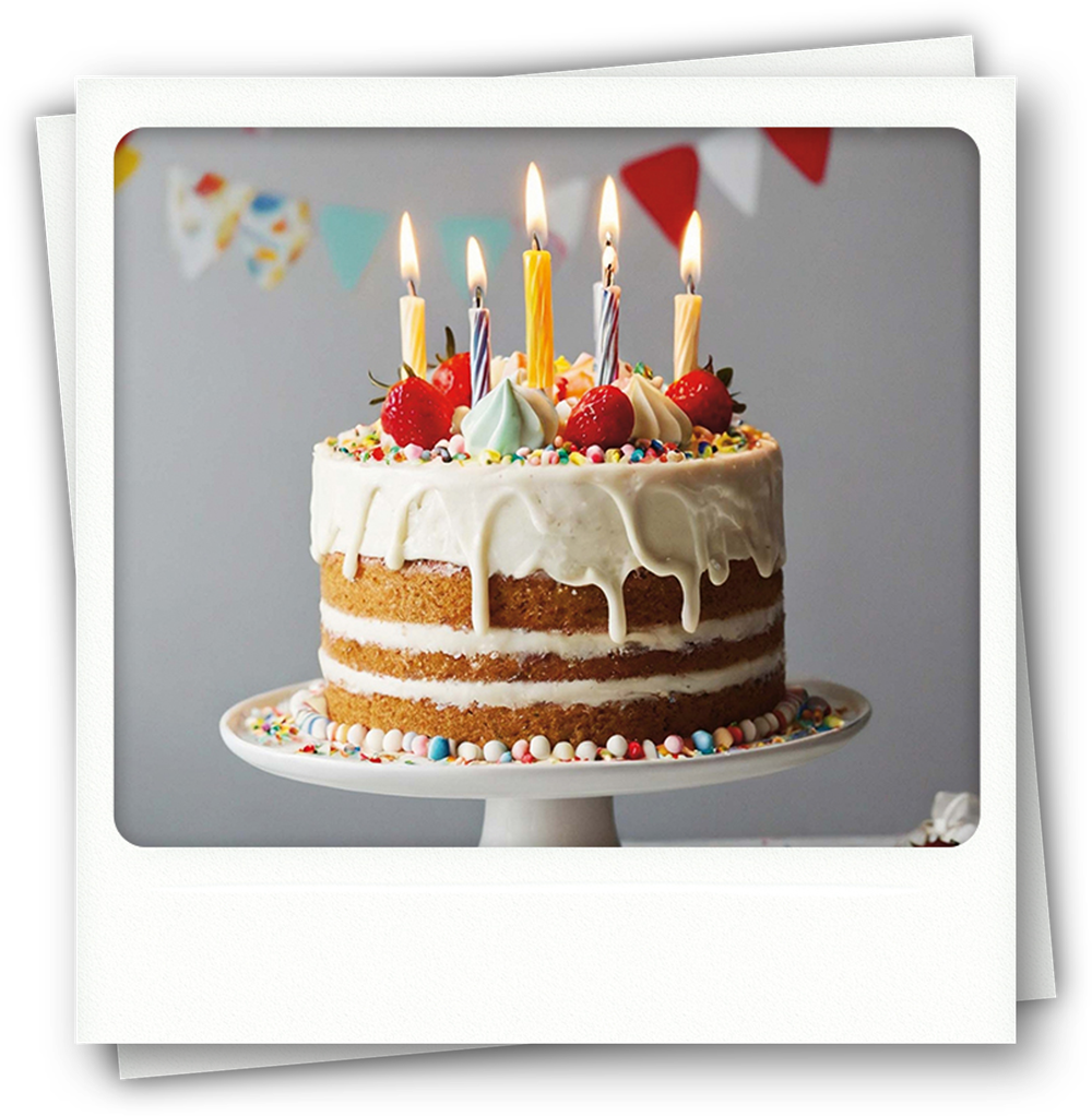 Polaroid of a birthday cake with candles