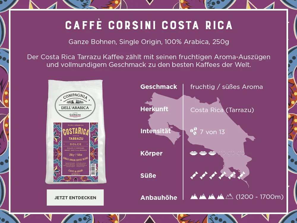 Caffe Corsini Costa Rica ganze Bohne mit Produktbeschreibung und Eckdaten