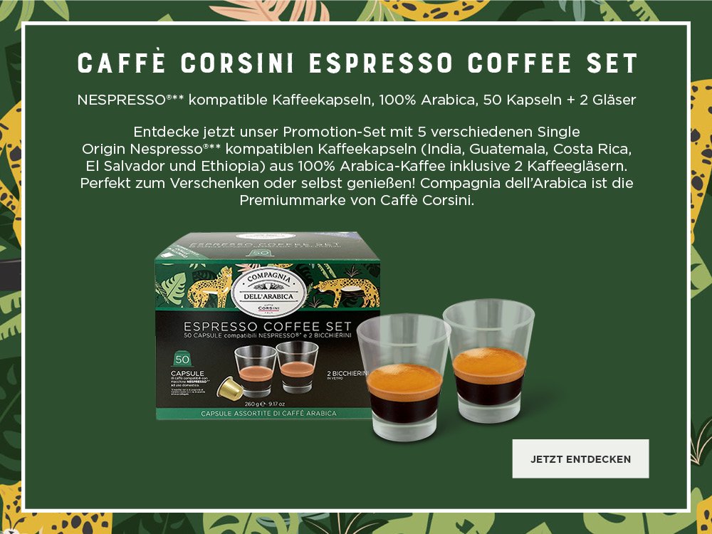 Caffe Corsini Espresso Coffee Set, 50 Kapseln und 2 Gläser mit Produktbeschreibung