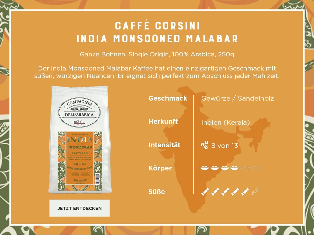 Caffe Corsini India Monsooned Malabar ganze Bohne mit Produktbeschreibung und Eckdaten