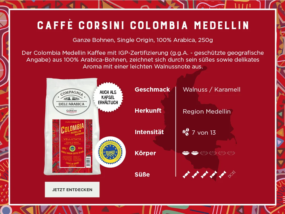Caffe Corsini Colombia Medellin ganze Bohne mit Produktbeschreibung und Eckdaten