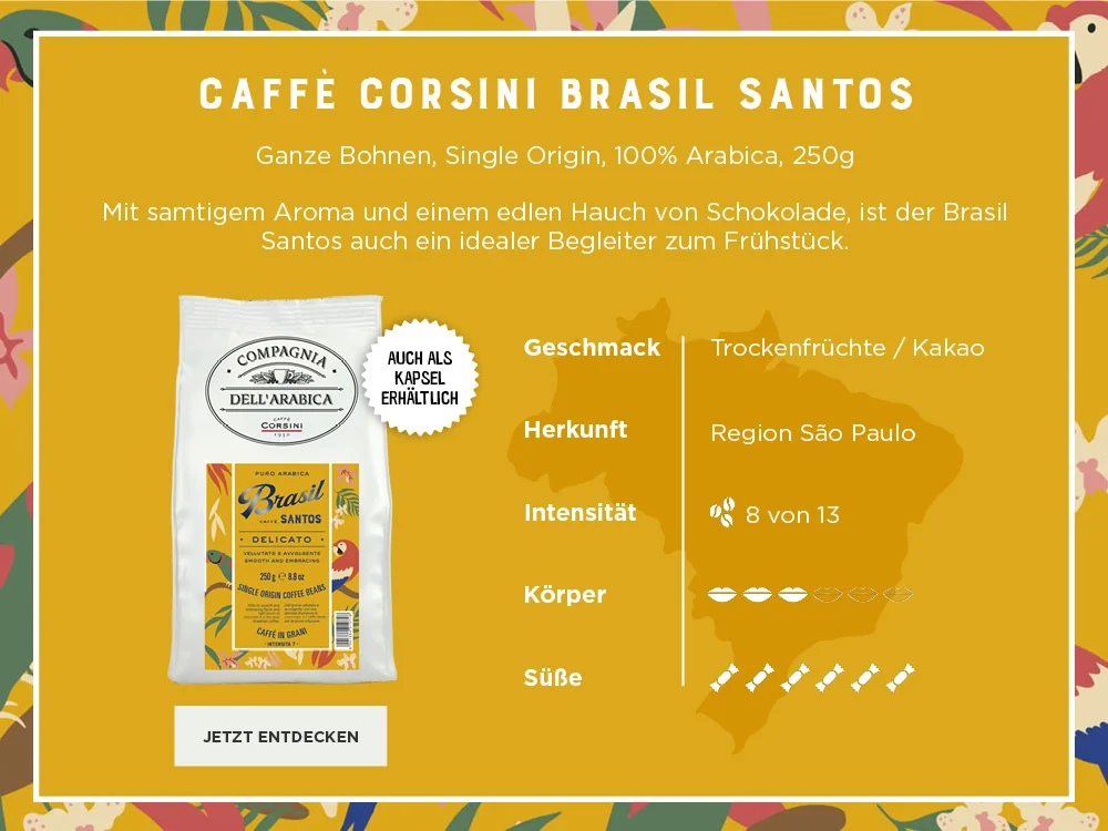Caffe Corsini Brasil Santos ganze Bohne mit Produktbeschreibung und Eckdaten