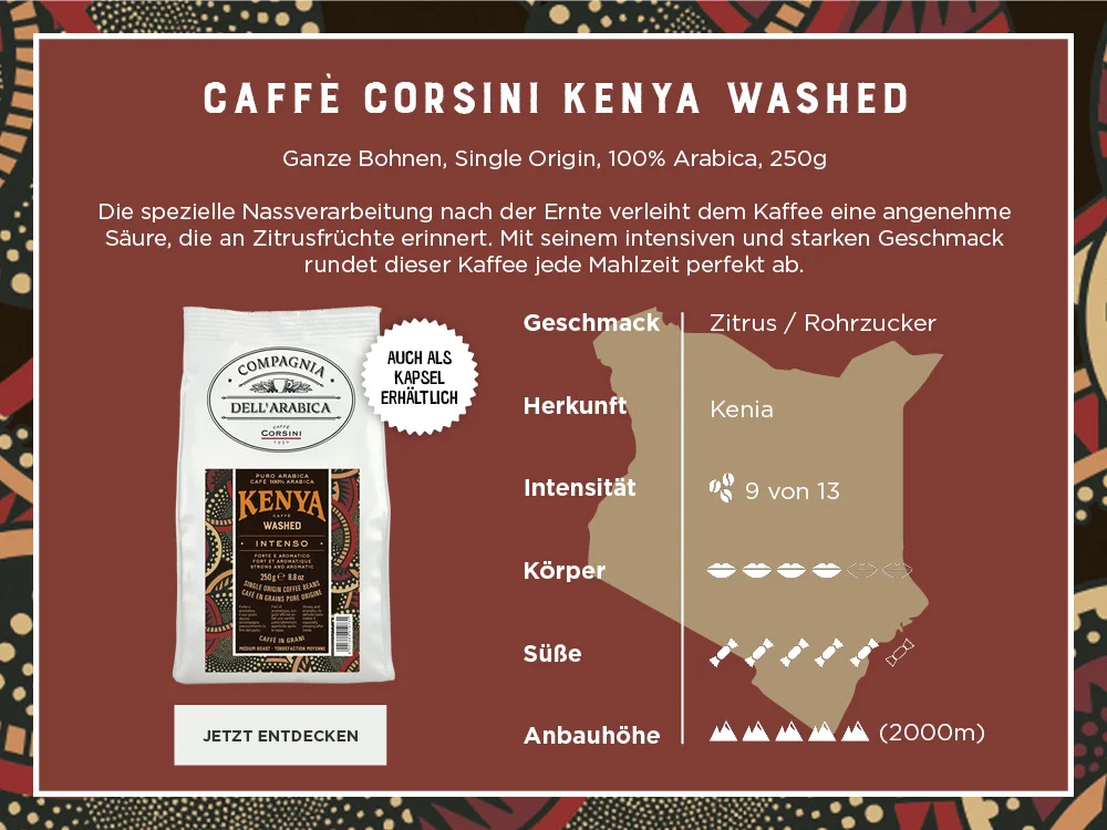 Caffe Corsini Kenya ganze Bohne mit Produktbeschreibung und Eckdaten