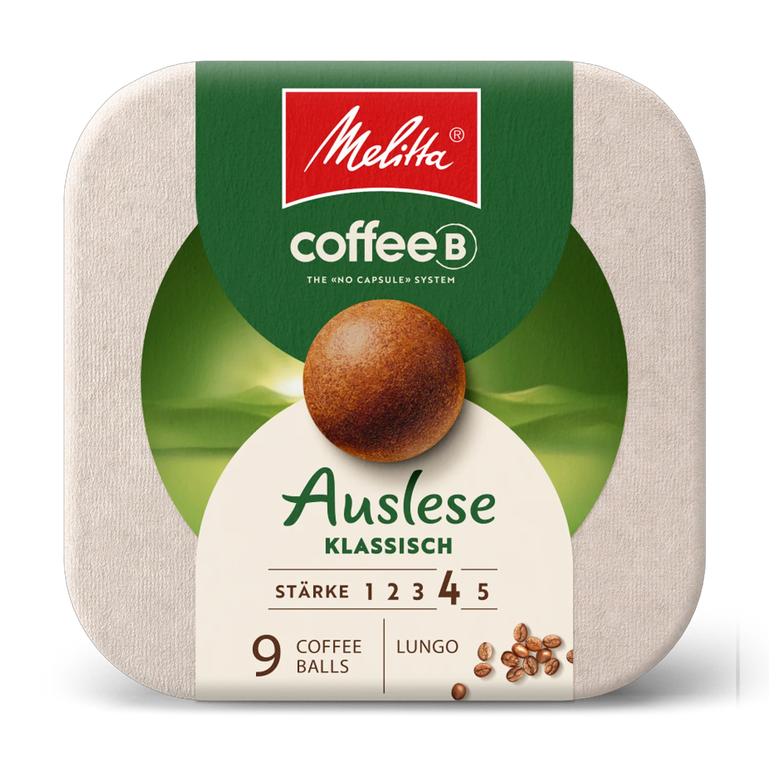 Kaffeetasse aus Glas gefüllt mit Kaffee vor Verpackung der Melitta® Auslese klassisch coffeeb Verpackung