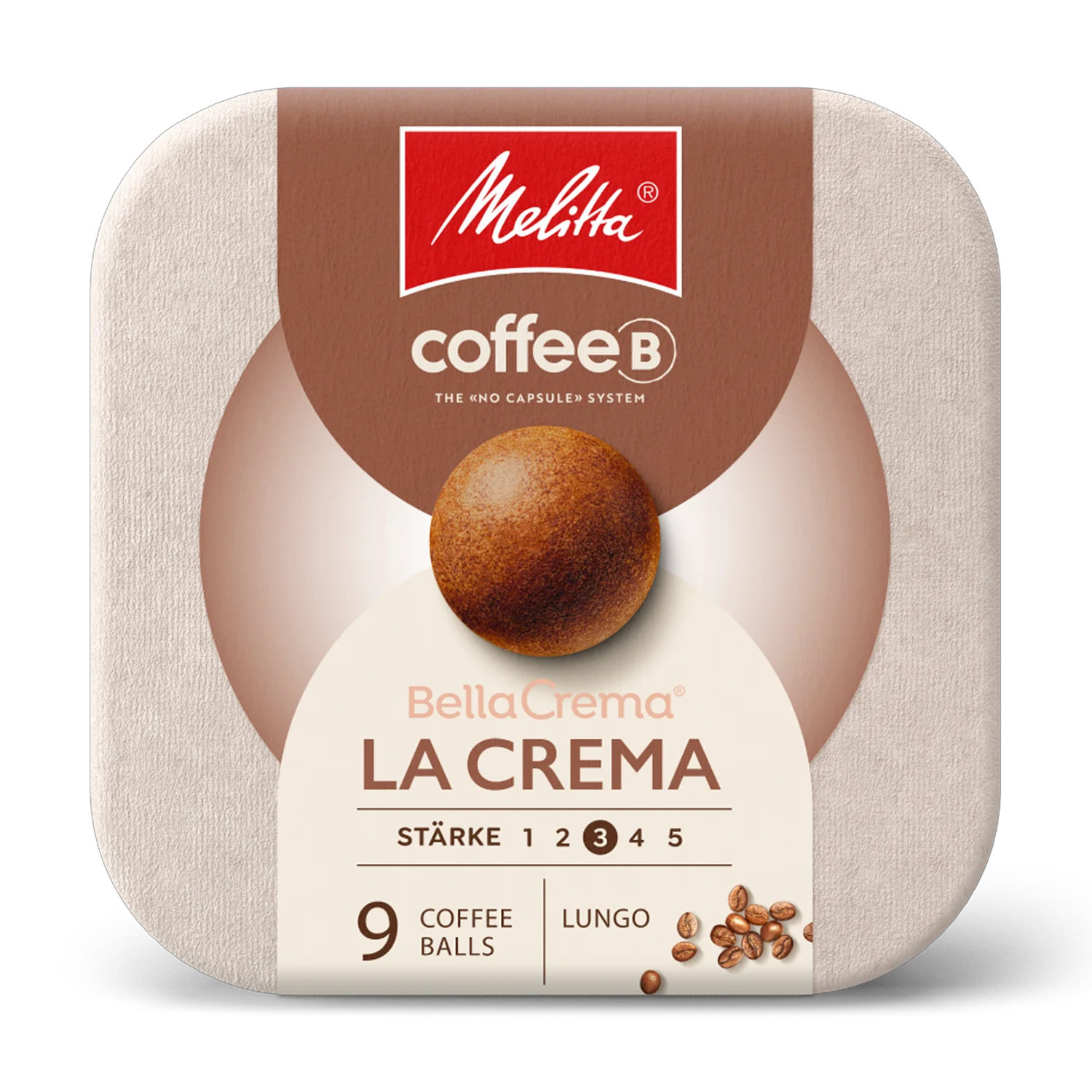 Verpackung von Melitta® coffeB Kapseln der Sorte BellaCrema LaCrema, Stärke 3 von 5, 9 Stück