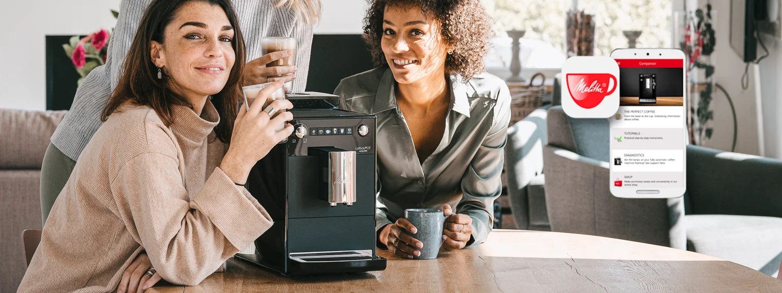 2 ladies drinking Melitta coffee  next to the Latticia OT espressomachine