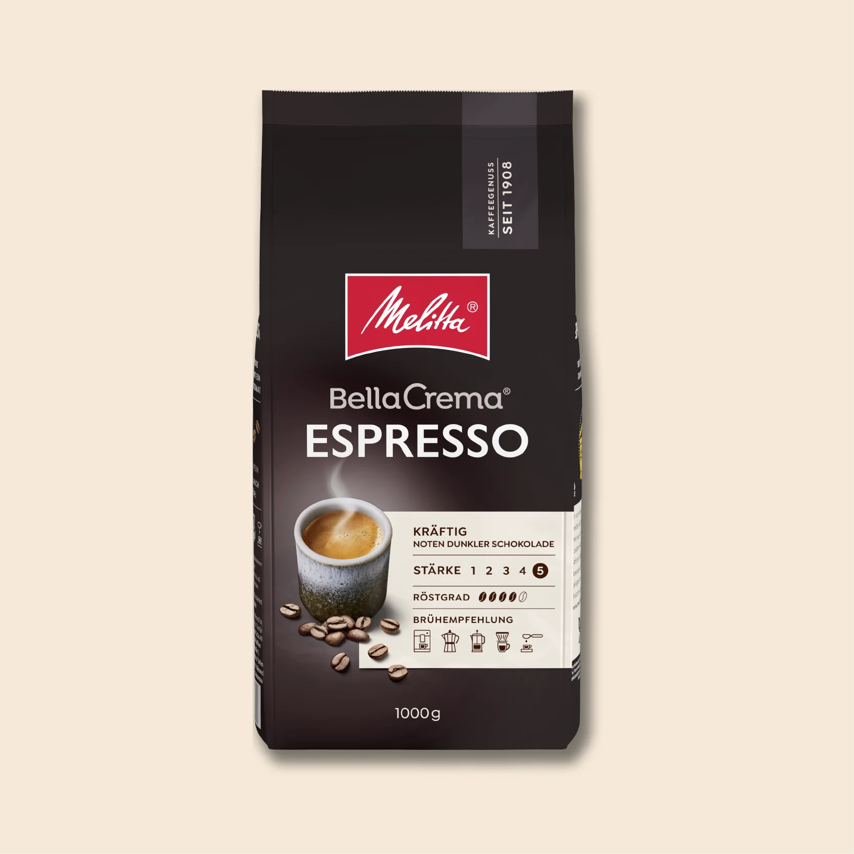 Melitta BellaCrema Espresso Kaffeebohnen Packung auf beigem Hintergrund