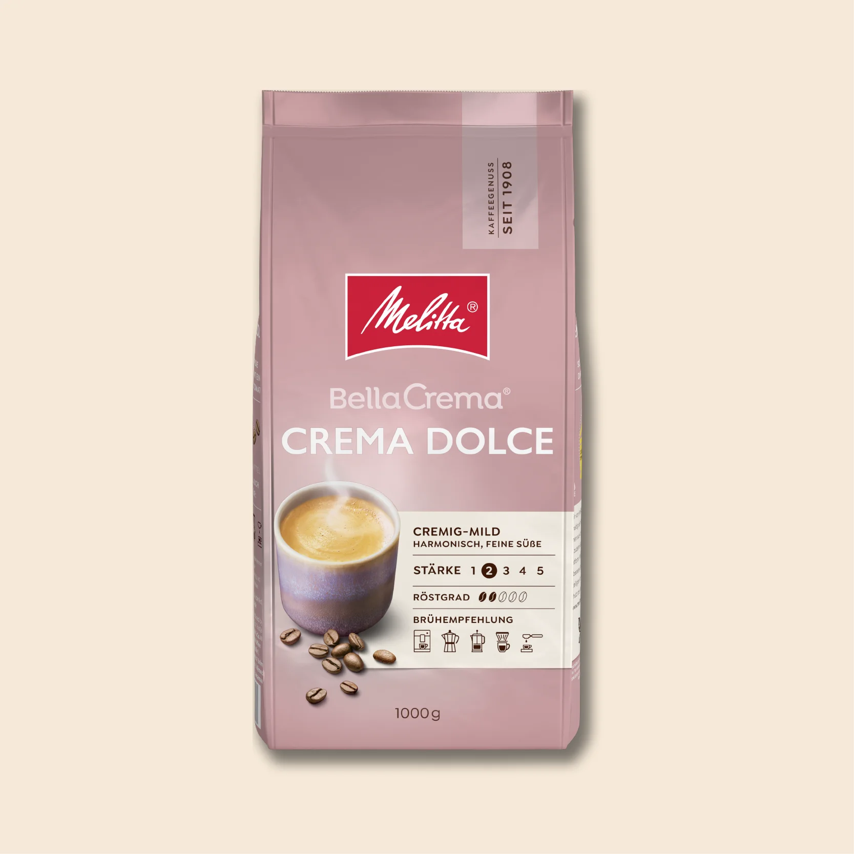Melitta BellaCrema Dolce Kaffeebohnen Packung auf beigem Hintergrund