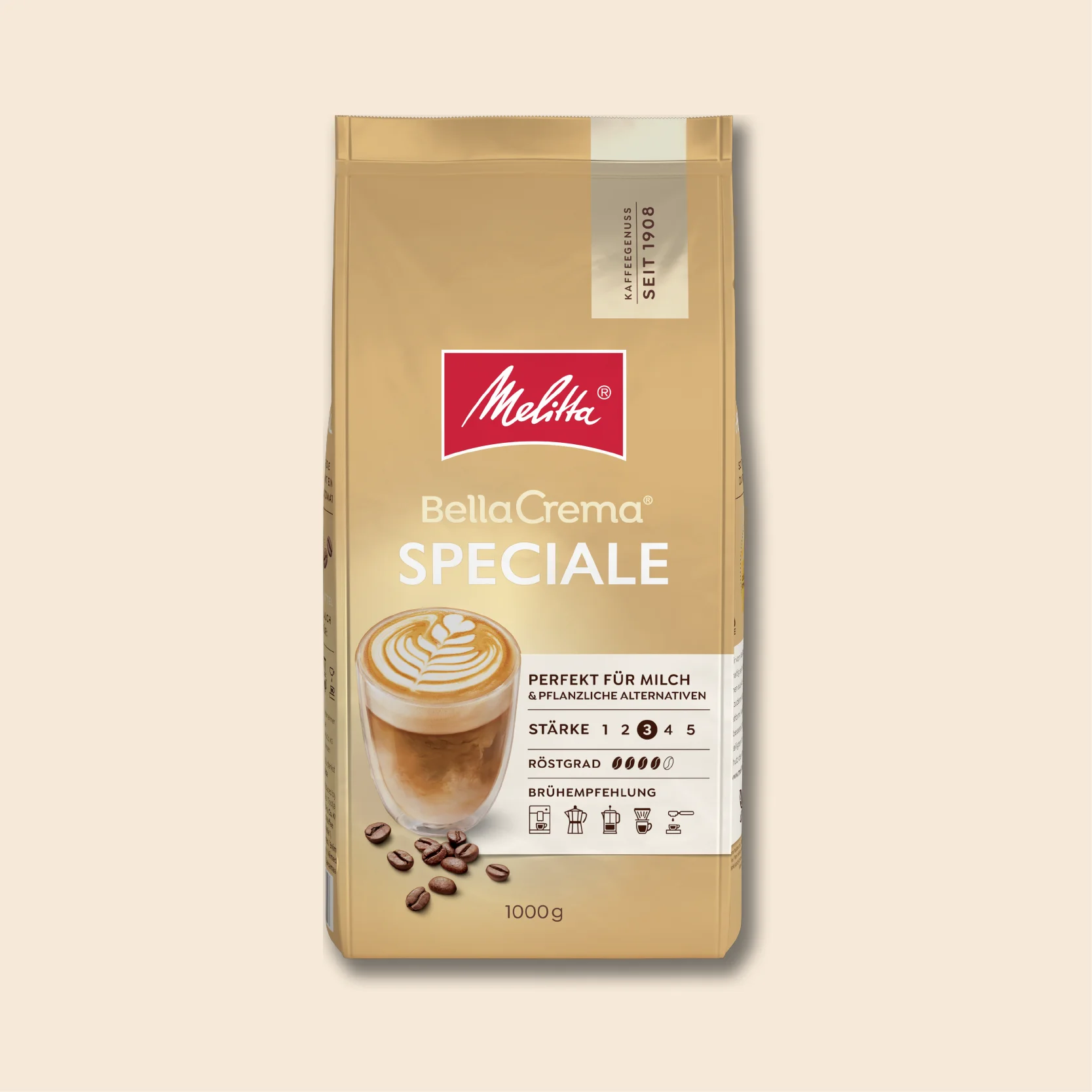 Melitta BellaCrema Speciale Kaffeebohnen Packung auf beigem Hintergrund