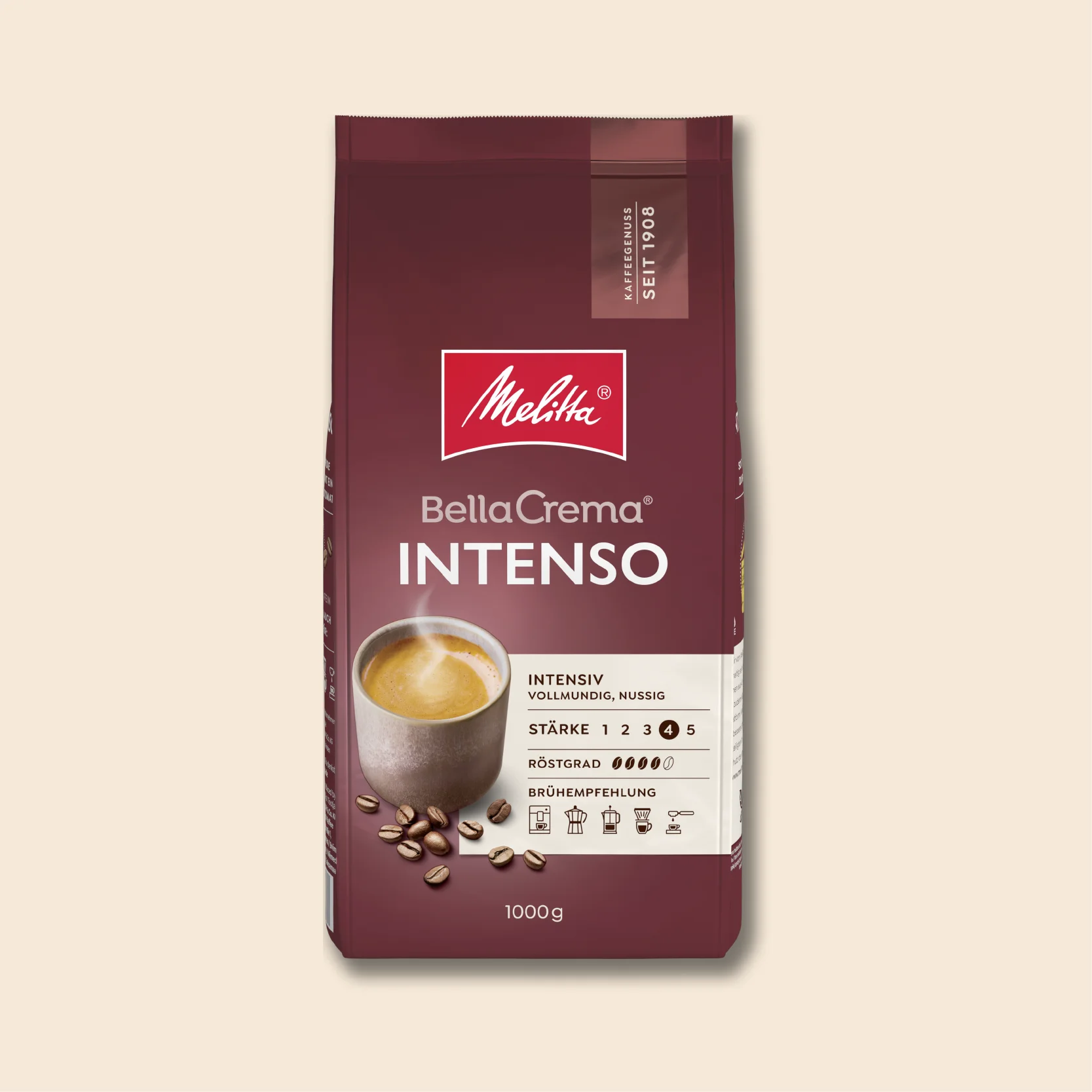 Melitta BellaCrema Intenso Kaffeebohnen Packung auf beigem Hintergrund