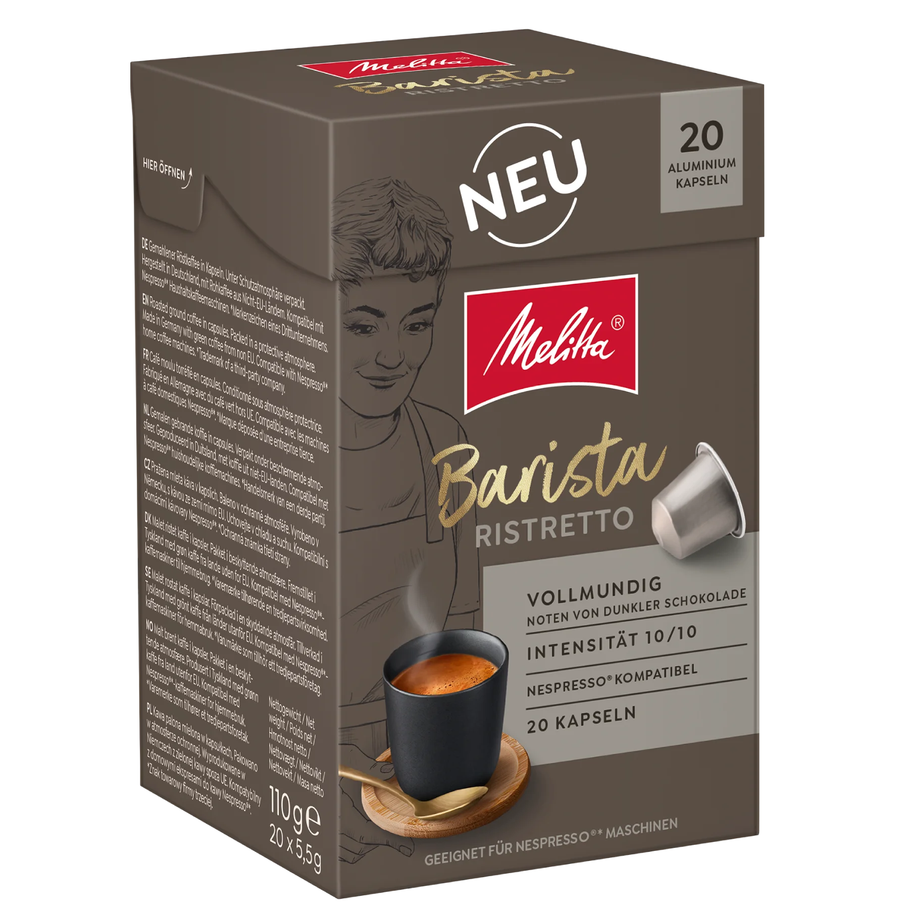 Seitenansicht der Verpackung von Melitta® Barista Ristretto Kaffeekapseln, Intensität 10/10, 20 Kapseln