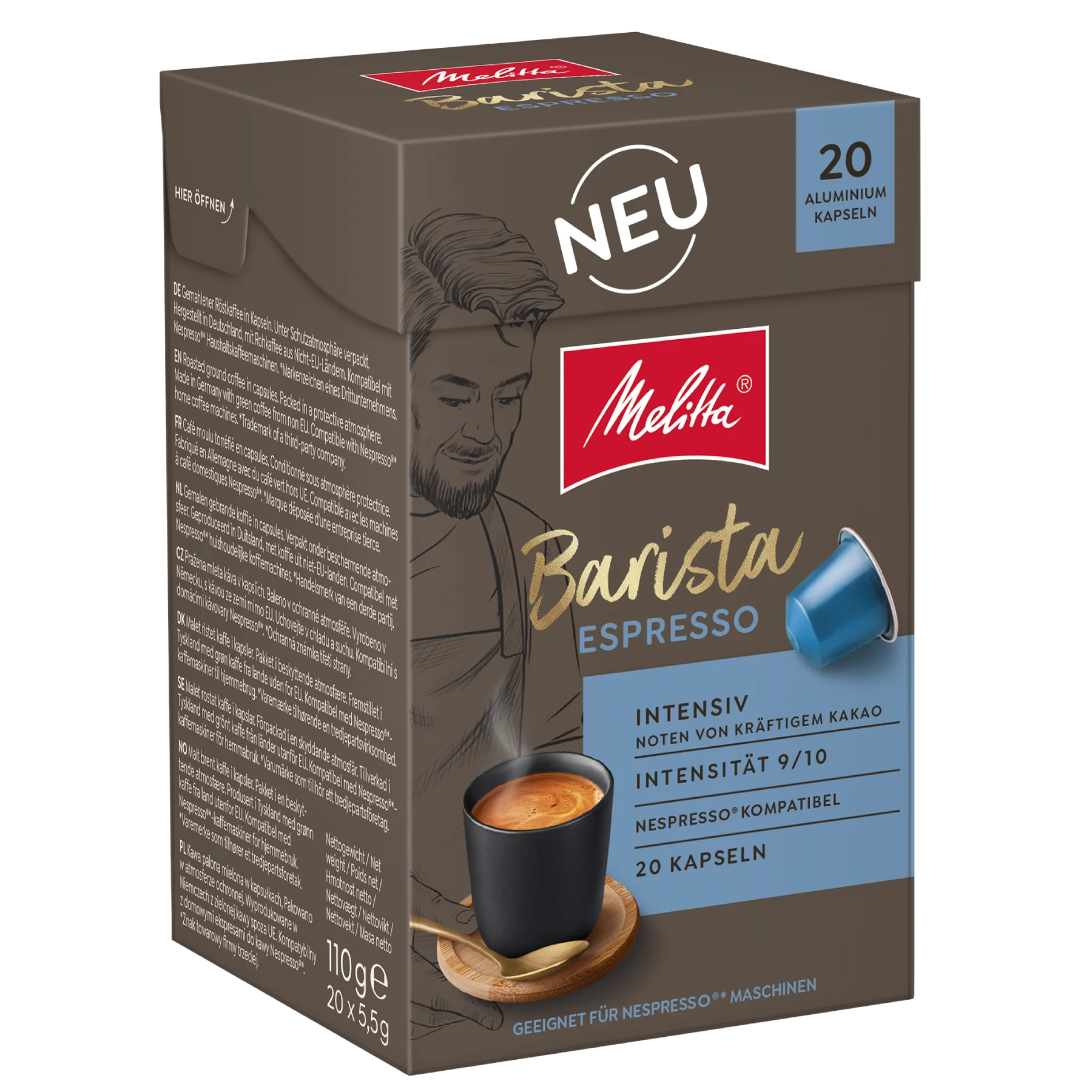 Seitenansicht der Verpackung von Melitta® Barista Espresso Kaffeekapseln, Intensität 9/10, 20 Kapseln