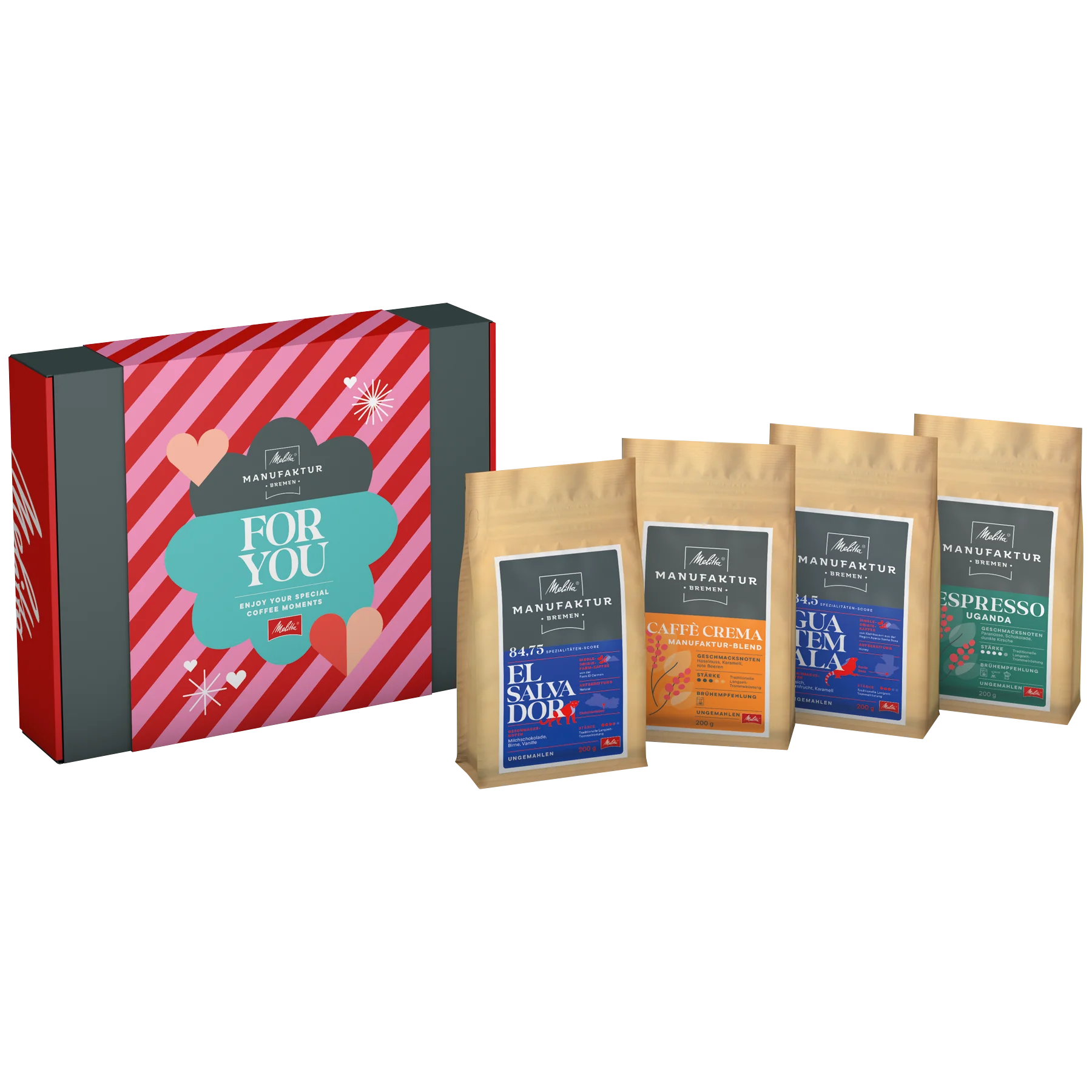 Verpackung vom Geschenkset der Melitta® Manufaktur, Aufschrift "For You", daneben 4x 200g Tüten Kaffee