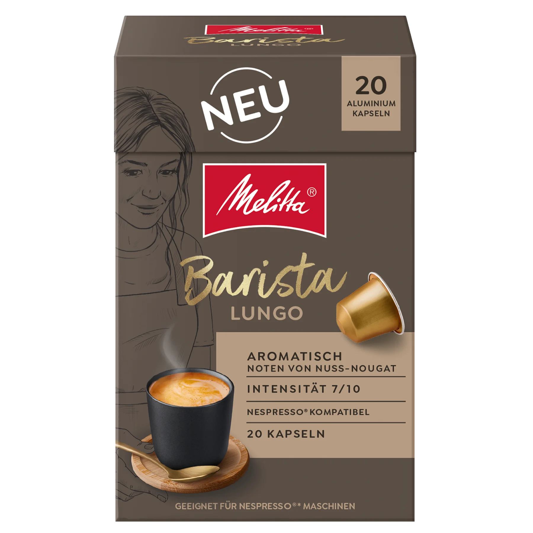 Verpackung von Melitta® Barista Lungo Kaffeekapseln, Intensität 7/10, 20 Kapseln