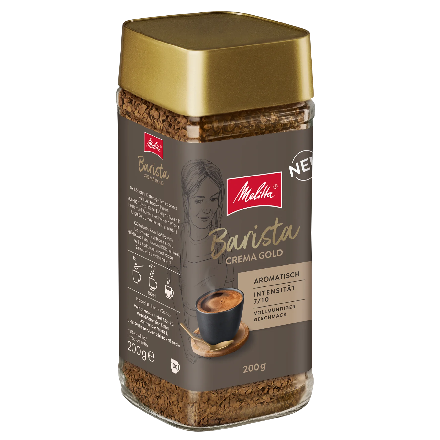 Seitenansicht der Verpackung von Melitta® Barista Crema Gold Instant Kaffee