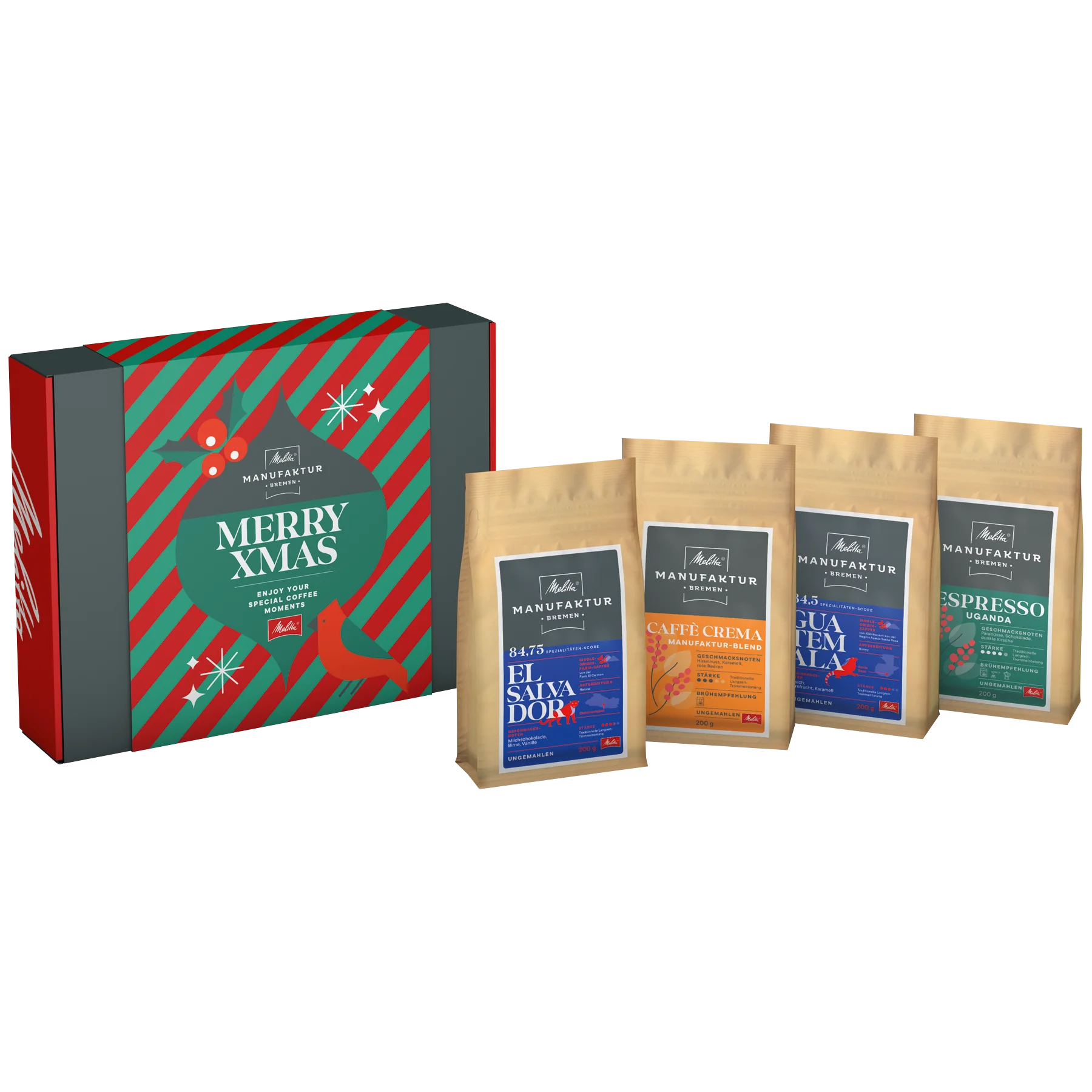 Verpackung vom Geschenkset der Melitta® Manufaktur, Aufschrift "Merry Xmas", daneben 4x 200g Tüten Kaffee