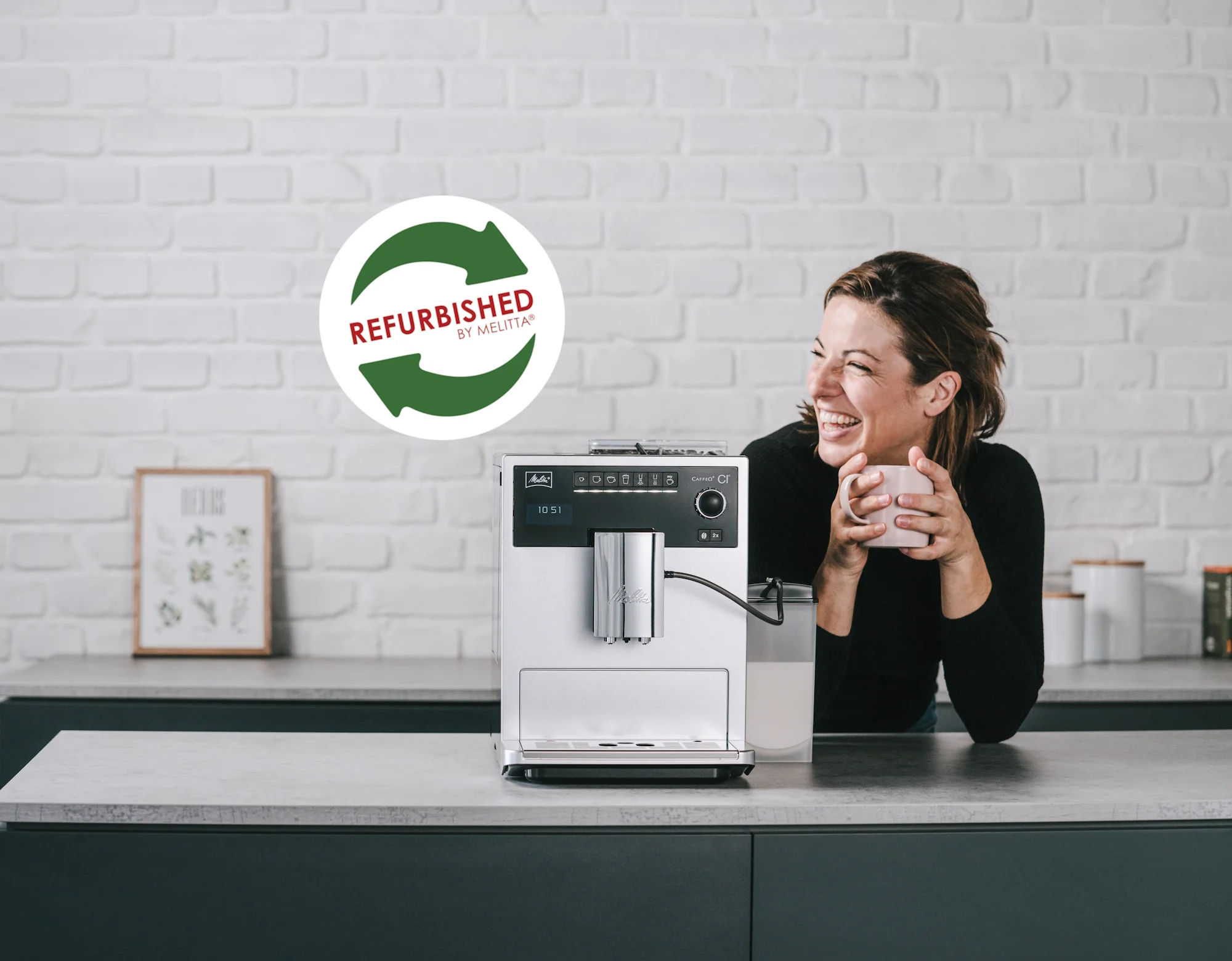 A woman with a cup of coffee from a Melitta Refurbished Caffeo CI