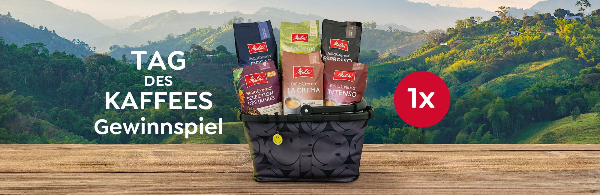 Tag des Kaffees Gewinnspiel: 6 Pakete Melitta Kaffeebohnen in einem Reisenthel Korb