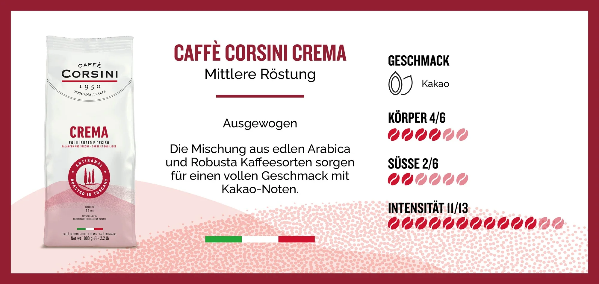 Caffe Corsini Crema ganze Bohne mit Produktbeschreibung und Eckdaten