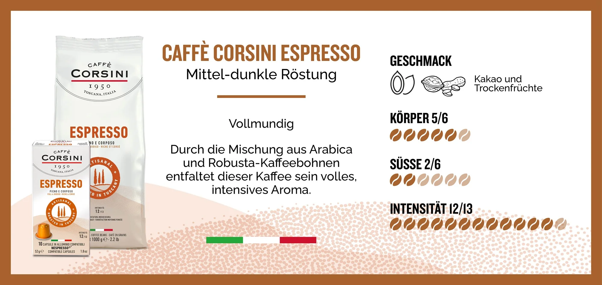 Caffe Corsini Espresso in ganze Bohnen und Kapseln mit Produktbeschreibung und Eckdaten