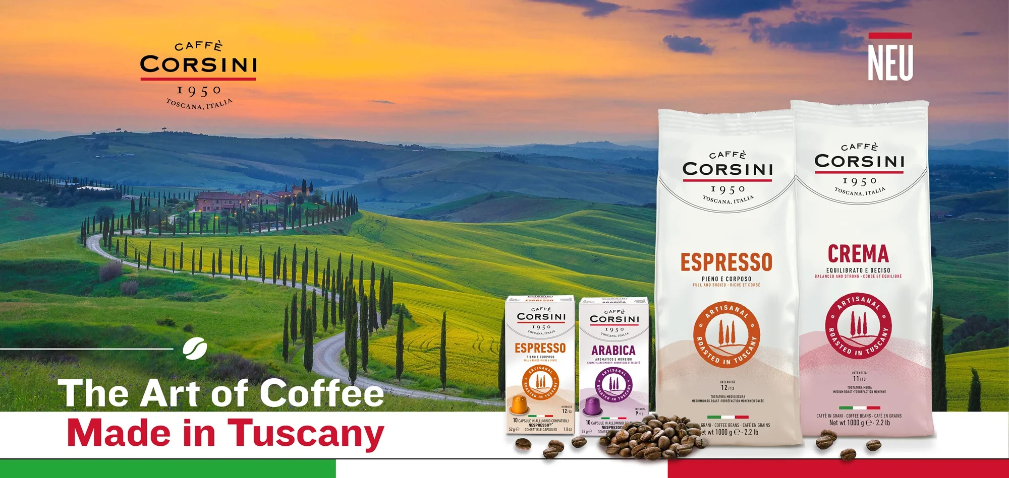 Caffe Corsini Kaffeesorten in ganzen Bohnen und Kapseln, Hintergrund: toskanische Landschaft