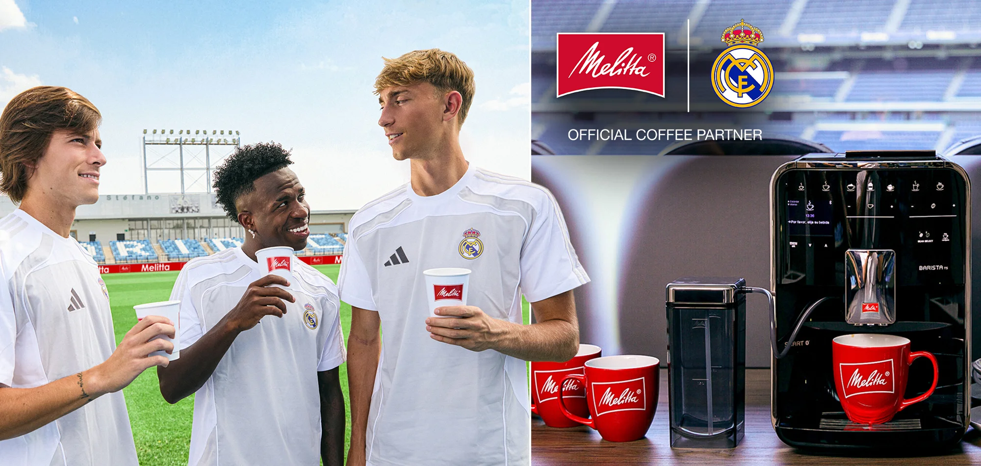 Left side Real Madrid players having coffee and on the right side Melitta fully automatic coffee machine with red Melitta cups