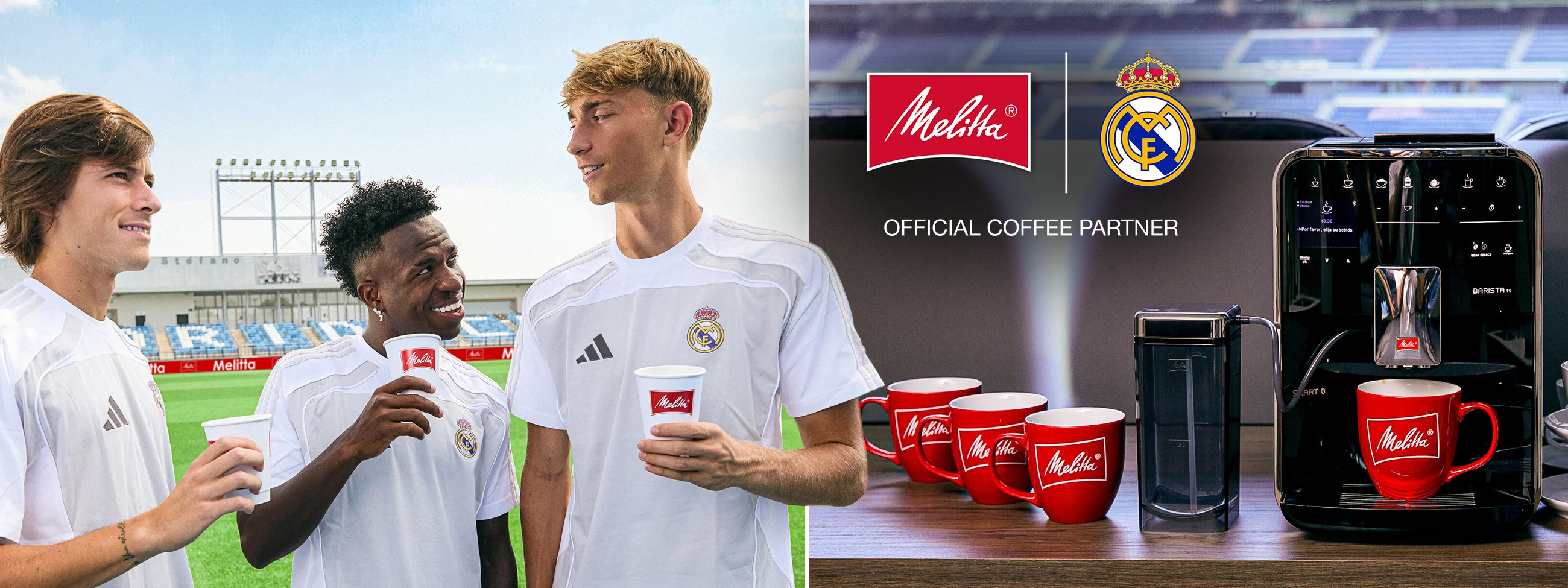 Left side Real Madrid players having coffee and on the right side Melitta fully automatic coffee machine with red Melitta cups