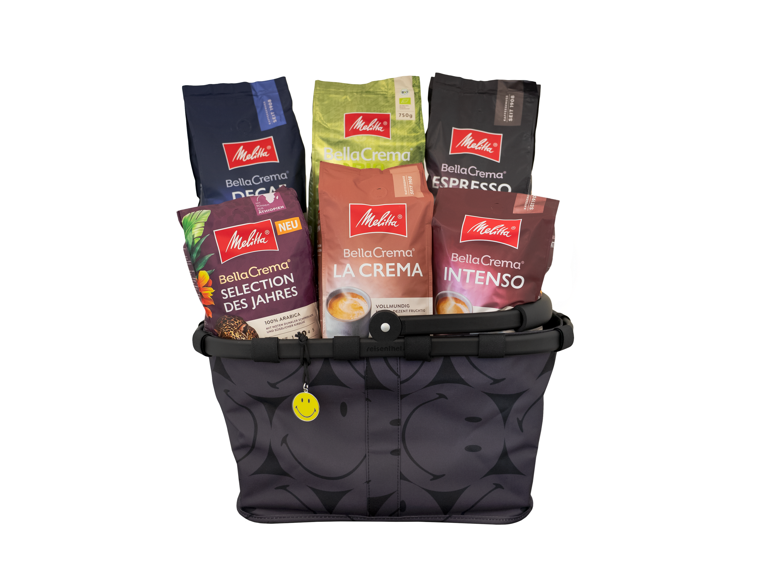 6 Pakete Melitta Kaffeebohnen in einem Reisenthel Korb