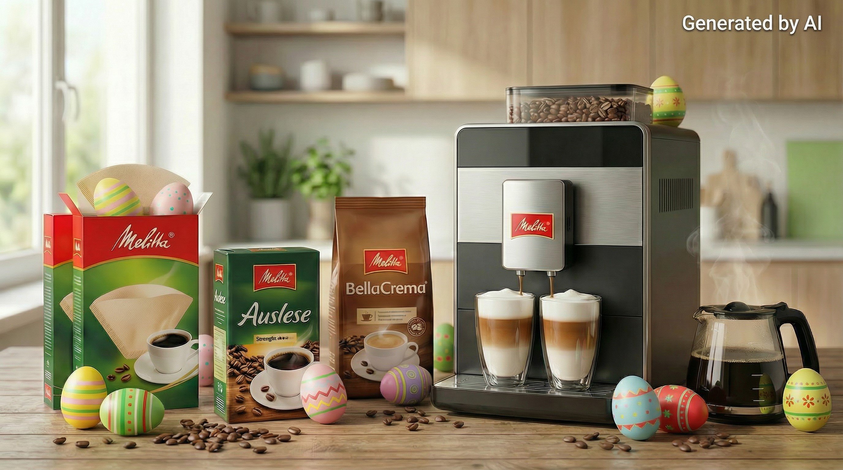 Ein Melitta Vollautomat, Kaffee und Kaffeefilter stehen auf den Tresen in der Küche, es sind Ostereier auf dem Bild versteckt.