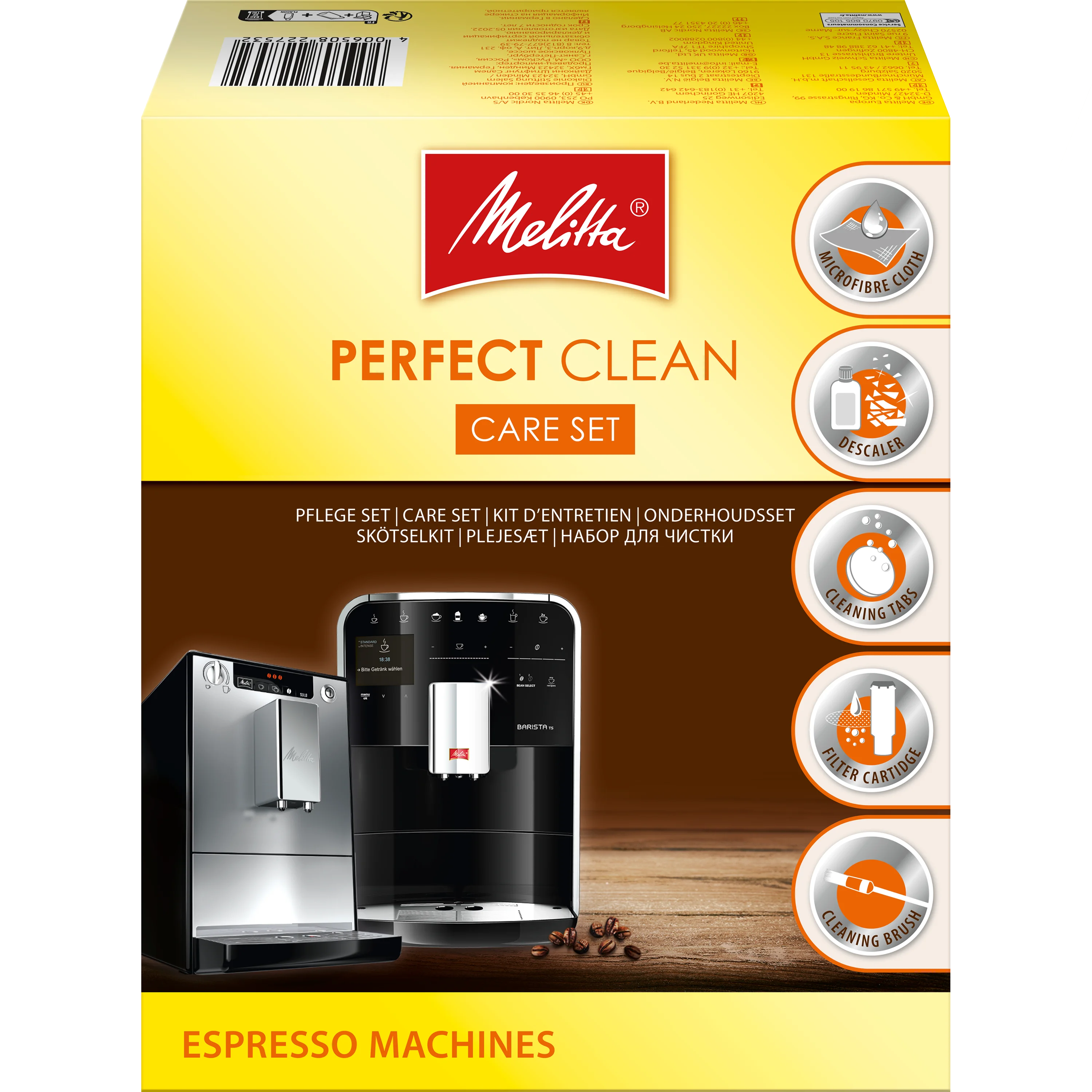 Verpackung Perfect Clean Care Set, Symbole für die enthaltenen Pflegeprodukte: Mikrofasertuch, Entkalker, Reinigungstabletten, Wasserfilter und Reinigungsbürste