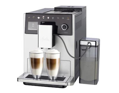 Silberne Melitta LatteSelect bereitet zwei geschichtete Latte Macchiato mit Milchbehälter zu