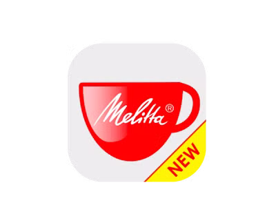 a red coffee cup with Melitta logo in a frame with a yellow flag with word new in red in the lower right corner