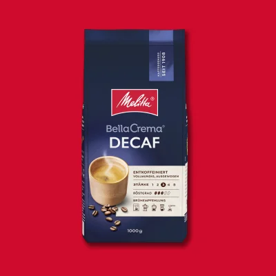 Melitta Bella Decaf coffee pack picture on red background