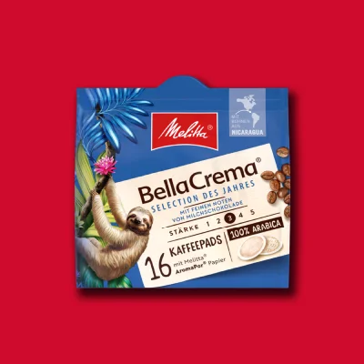 Melitta BellaCrema Selection des Jahres Kaffeepads Bild auf rotem Hintergrund