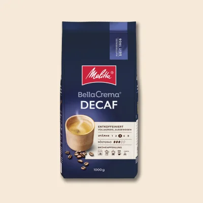 Melitta BellaCrema Decaf coffee pack picture on beige background