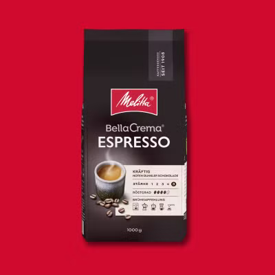 Image du paquet de café Melitta BellaEspresso sur fond rouge