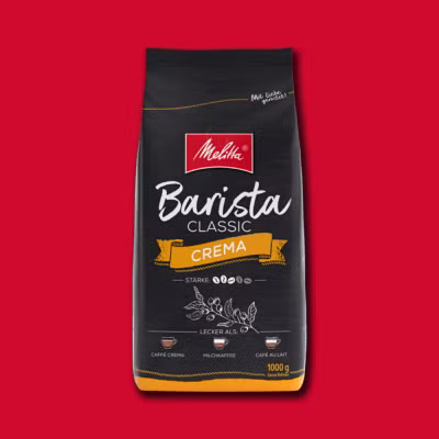 Produktabbildung Melitta Barista Crema auf rotem Hintergrund