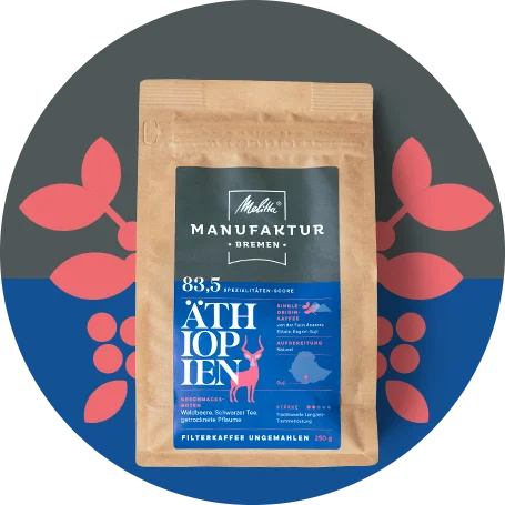 Melitta Manufaktur Kaffee „Äthiopien“ Produktbild auf blauem und grauem Hintergrund