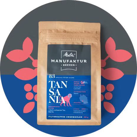 Melitta Manufaktur Kaffee „Tansania“ Produktbild auf blauem und grauem Hintergrund