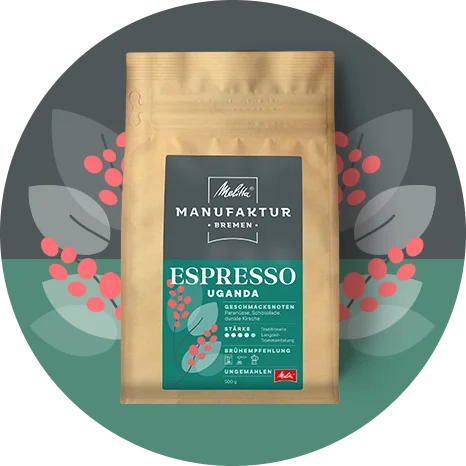 Melitta Manufaktur Kaffee „Espresso Uganda “ Produktbild auf grün und grauem Hintergrund