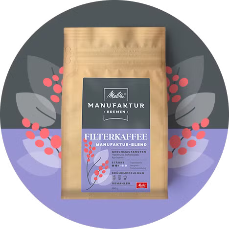 Melitta Manufaktur Kaffee „Filterkaffee“ Produktbild auf lila und grauem Hintergrund