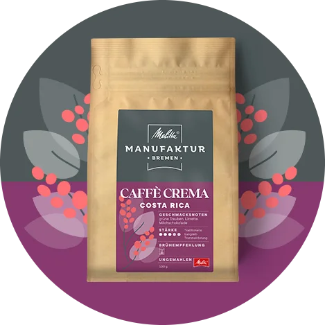 Melitta Manufaktur Kaffee „Caffe Crema Costa Rica“ Produktbild auf lila und grauem Hintergrund